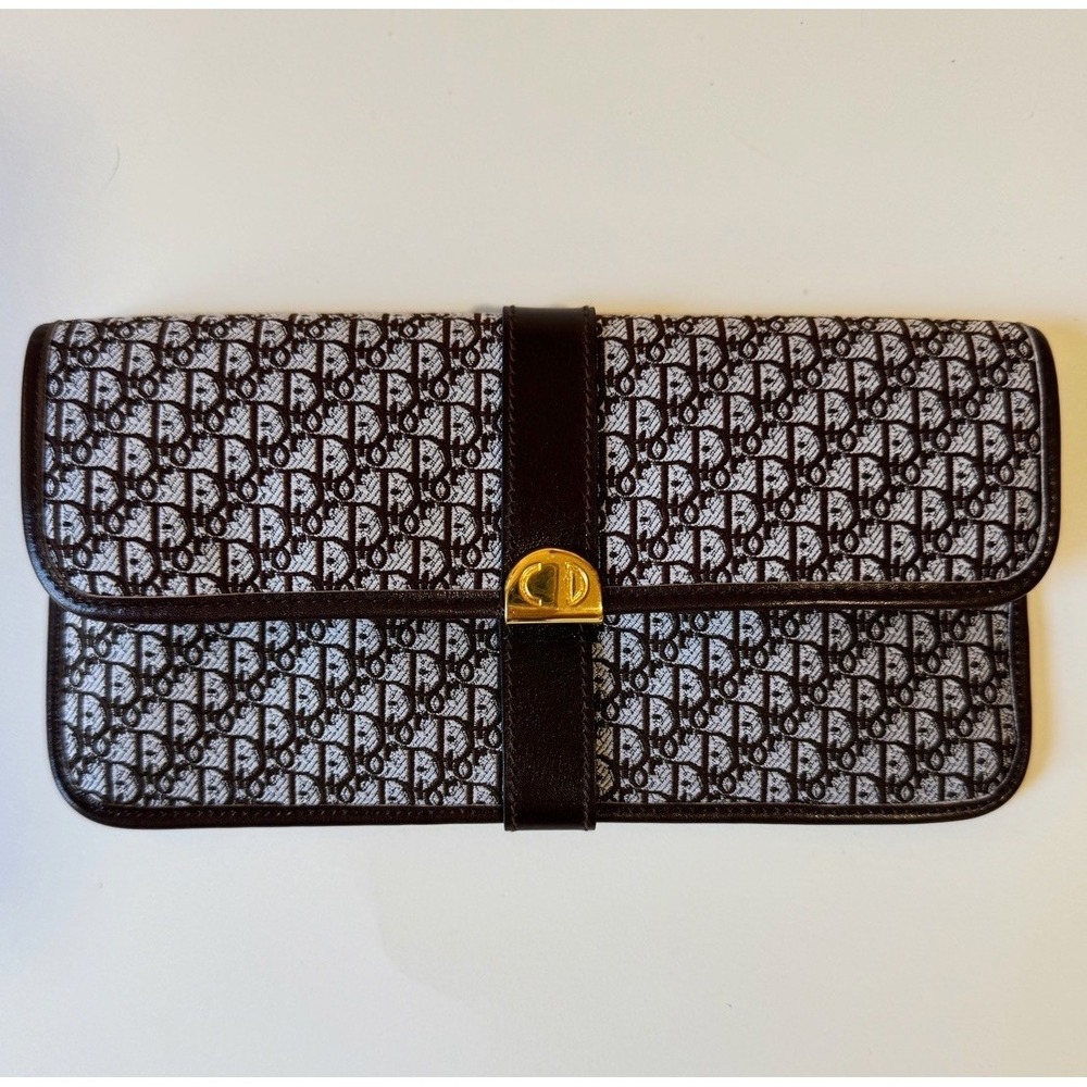 Vintage Christian Dior Clutch Wallet Trotter Monogram Gray Brown Leather - Picture 2 of 9